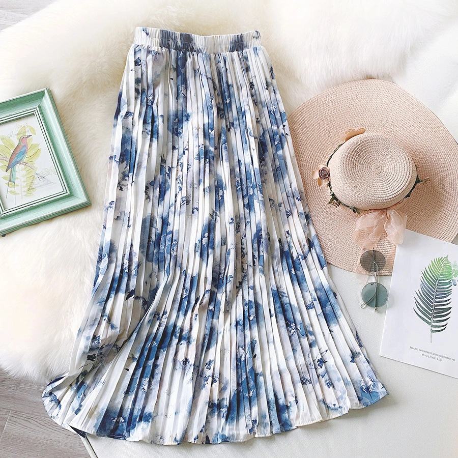 Vintage Print Chiffon Skirt Mid-Length Ink Painting Skirt