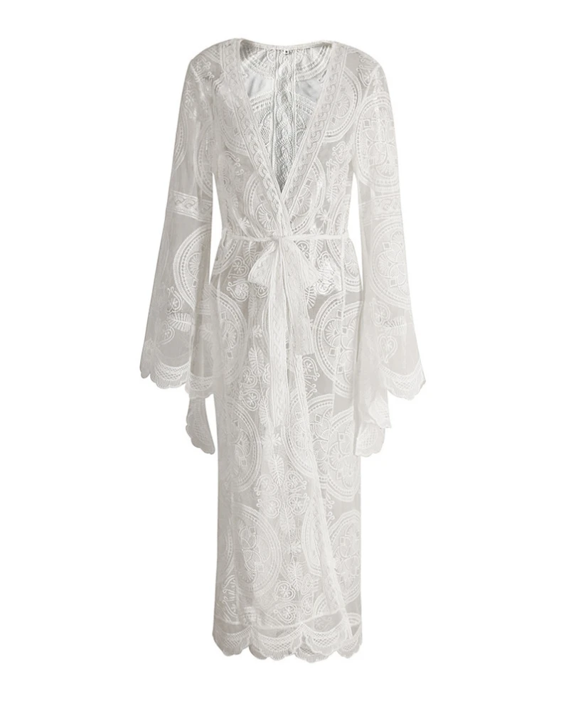 White Hollow Lace Sexy Bikini Jacket Blouse Women's Summer Long-Sleeved 