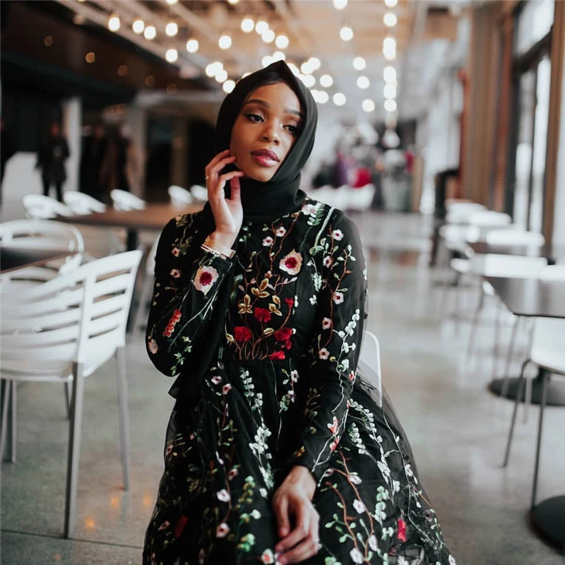European And American Long-sleeved Dress With Full Floral Embroidery