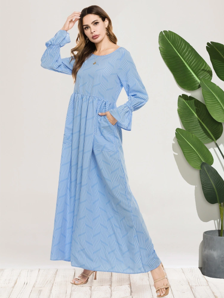 Siskakia-Women Long Flare Sleeve Maxi Dress A-Line Dresses with Pockets Round Neck Cool Blue