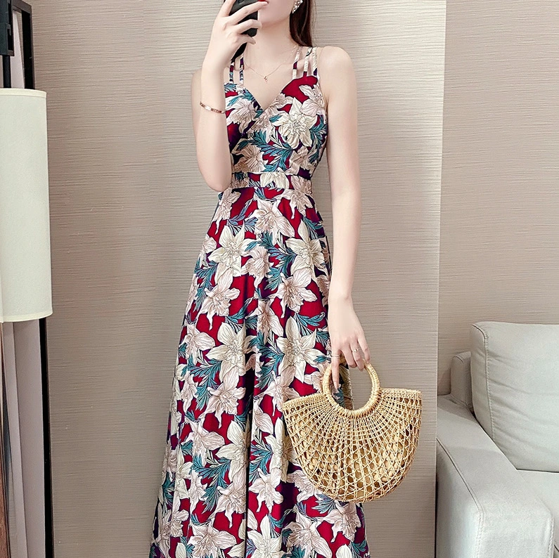 Chiffon Floral Sling Dress Female Summer Dress New Temperament Slim Slim Sexy Beach Long Skirt