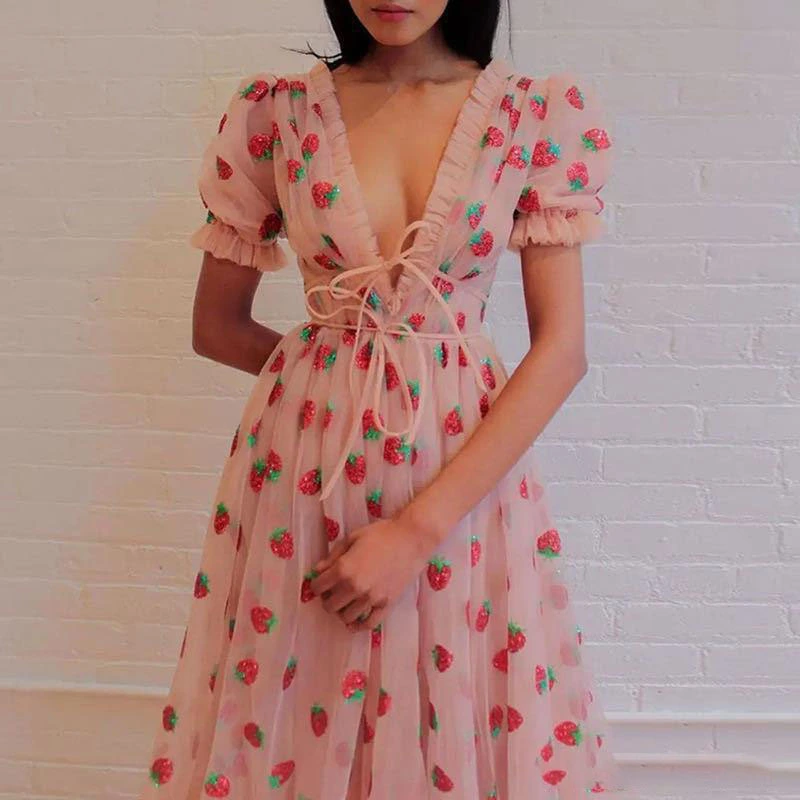  Cross-Border Dress French Strawberry Two-Color Sequined Long Skirt Mesh Lace Strap Slim Fashion Even