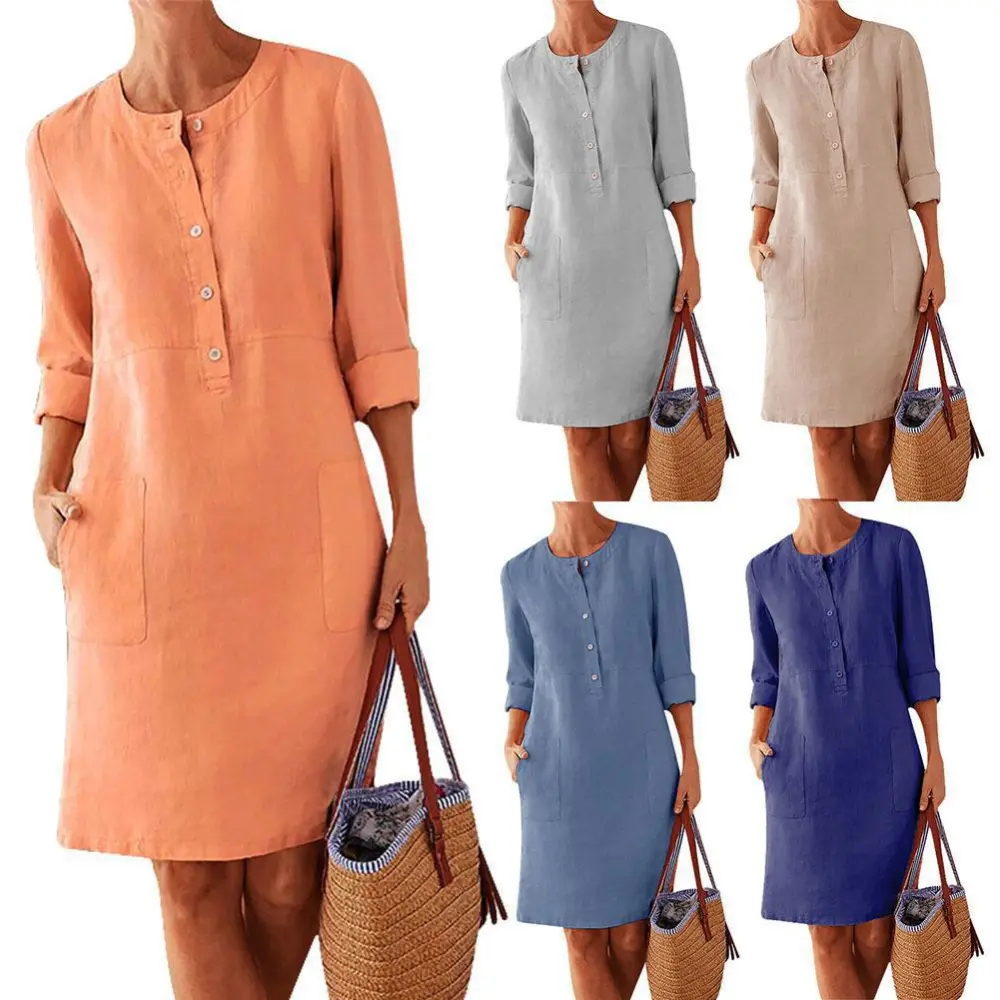 Cotton and linen long sleeve dress