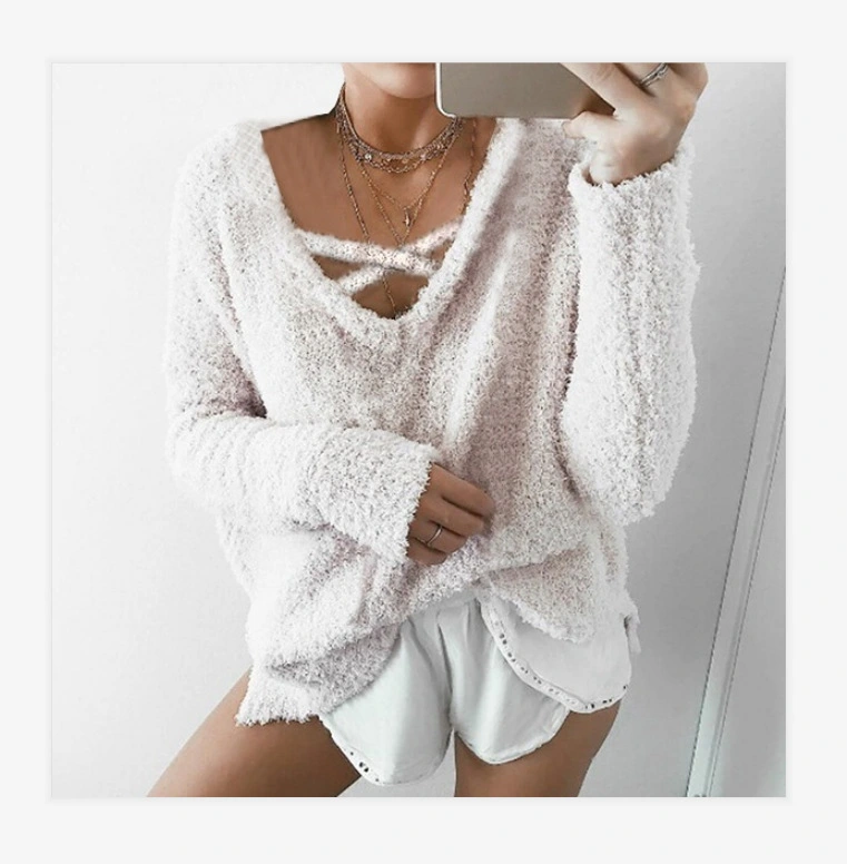 Corn Fleece Sweater Pullover V-Neck Cross Rope Multicolor Sweater Women'S Clothing