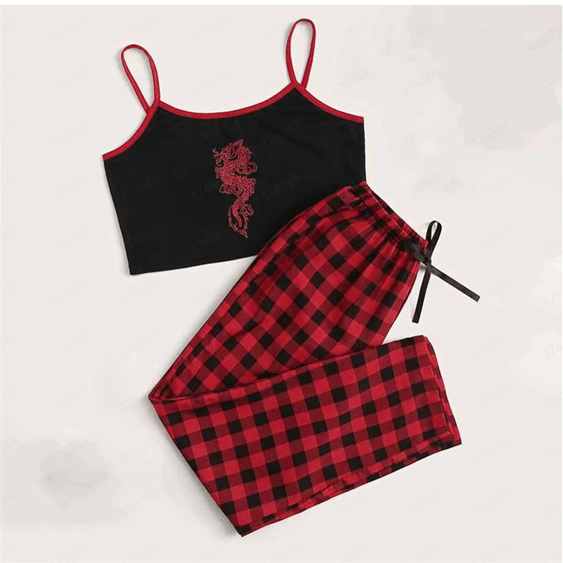 Printed Umbilical Camisole Red Plaid Casual Trousers Suit