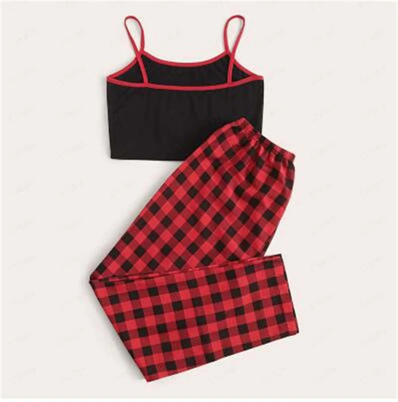 Printed Umbilical Camisole Red Plaid Casual Trousers Suit