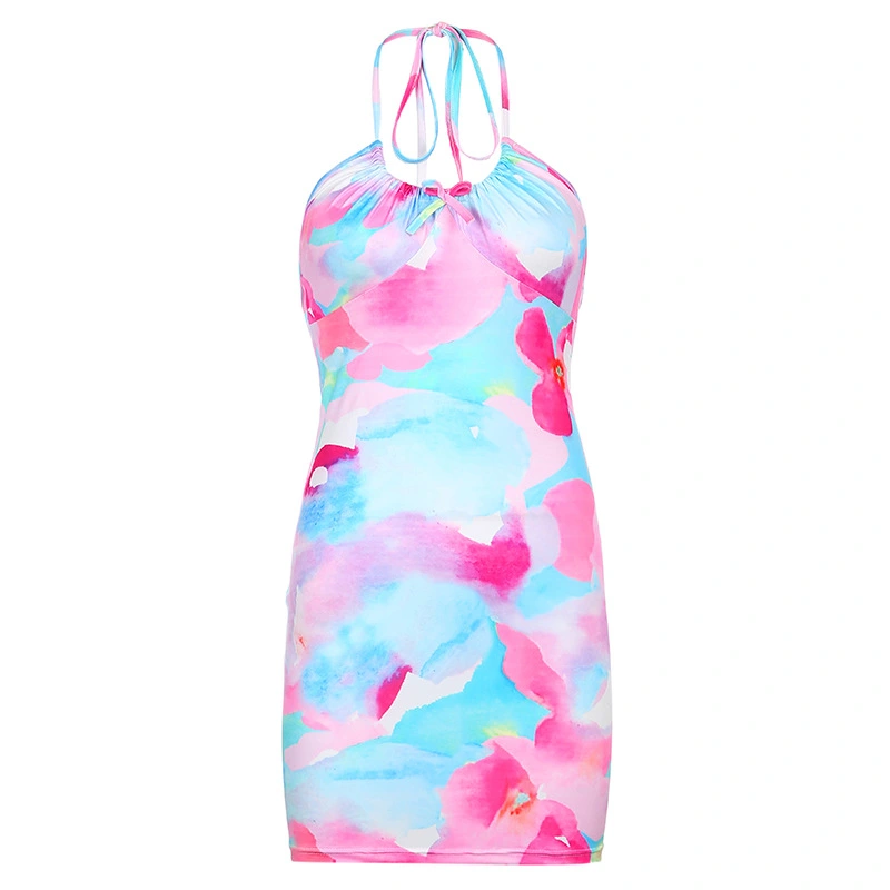 Women'S Sexy Casual Color Contrast Printed Micro-Pleated Halterneck Slim Dress