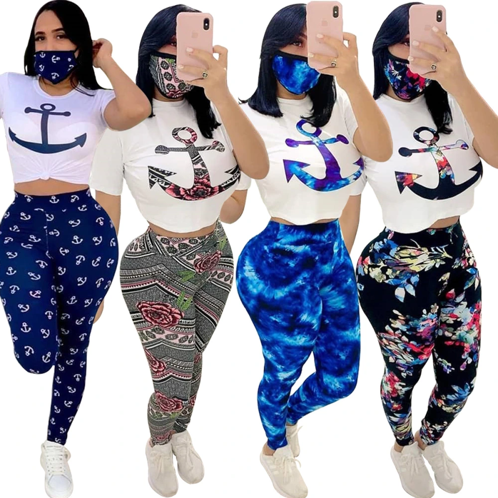 Two-piece Printed Short-sleeved Round Neck Blouse And Trousers With Mask