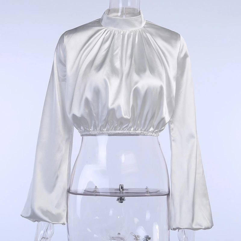 Lantern Sleeve Sexy High-Neck Satin Crop Top Ladies High-Neck T-Shirt