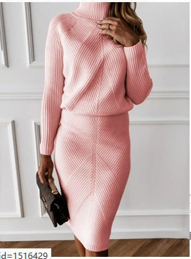 Temperament Commuter High Neck Knit Solid Color Thick Lapel Pullover Wool Dress