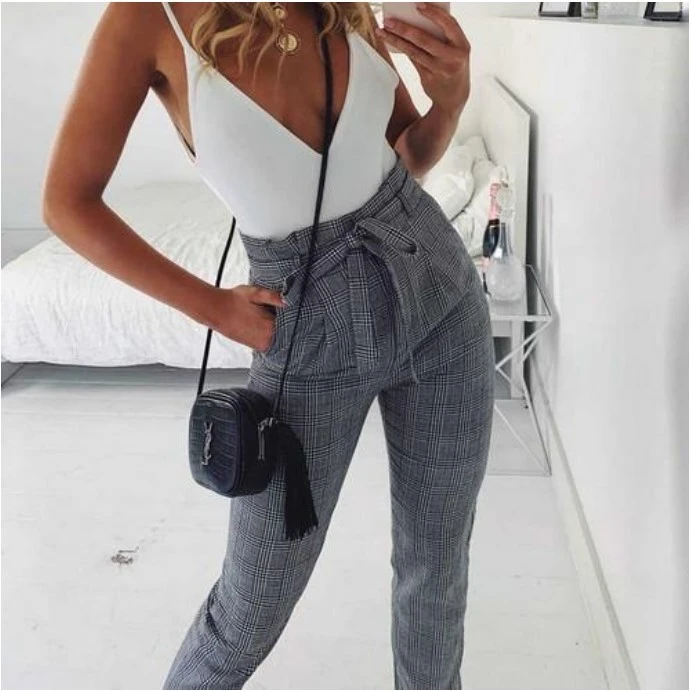 Women's Casual Pencil Pants Plaid Pants