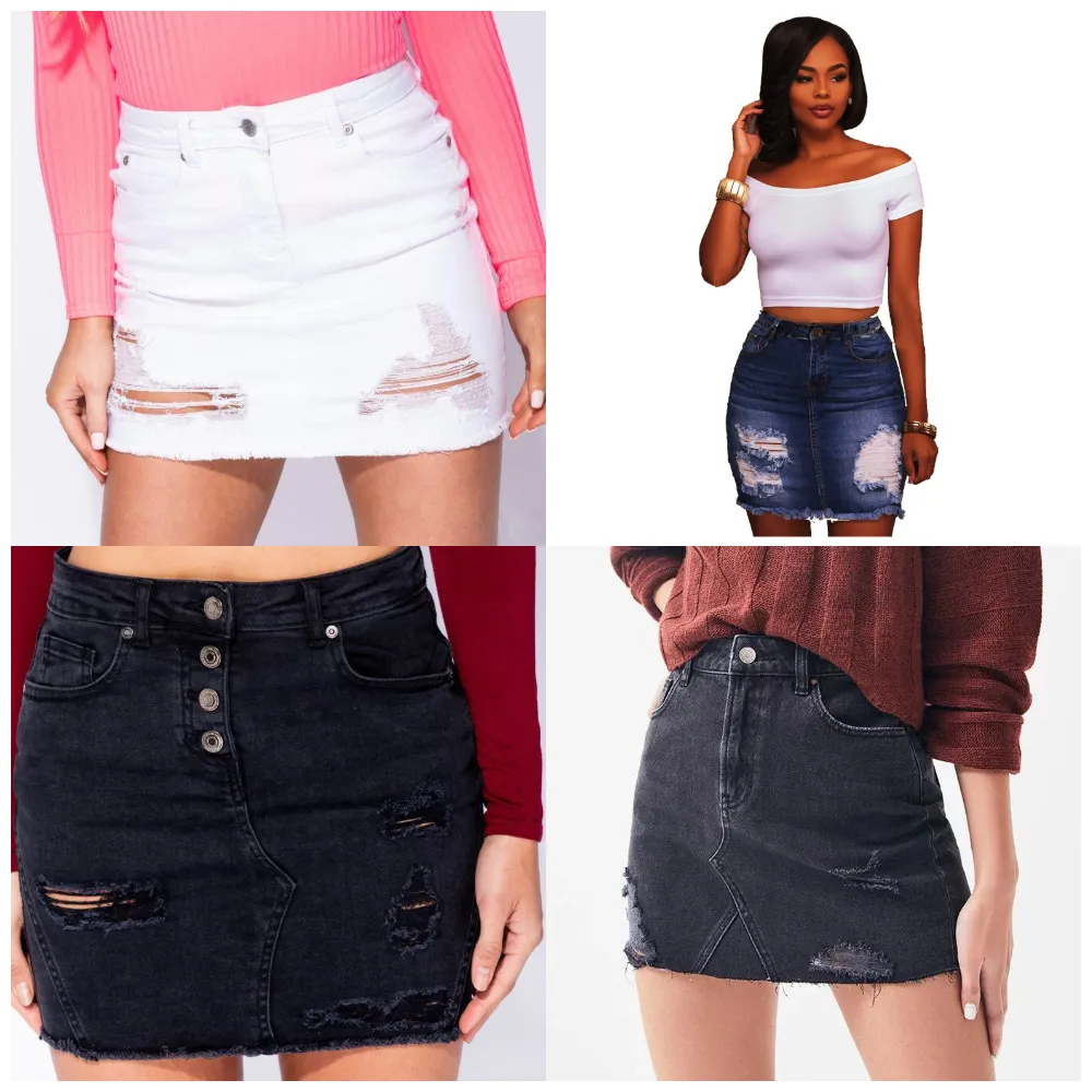 Ripped Elastic Denim Wrap Hip Skirt