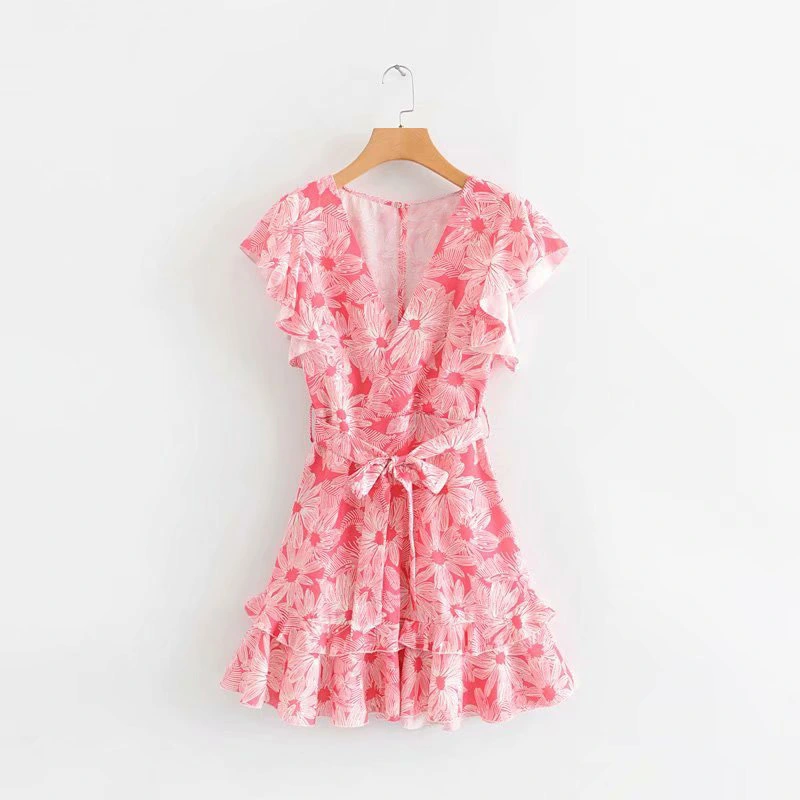 Summer New V-Neck Ruffled Lace Flower Print Dress