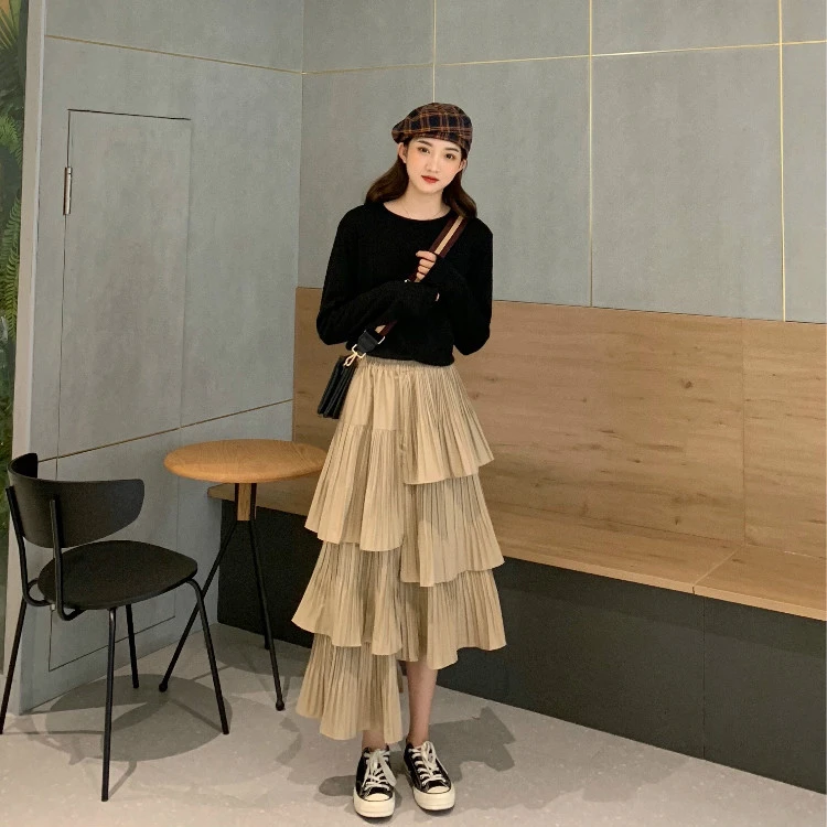 Irregular Pleated Skirt Women High Waist Mid-Length Cake Skirt