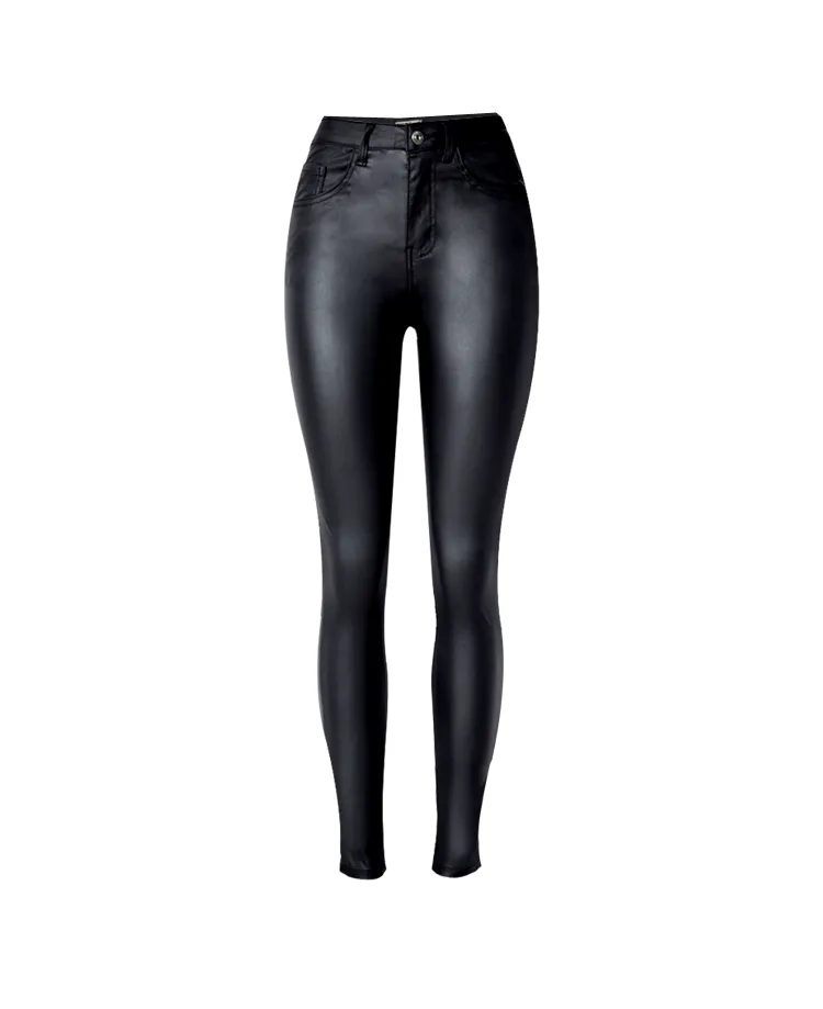 European And American Women's High-Waist Slim-Fit Stretch-Coated Imitation Leather Pants Denim Feet Pants PU Pocket Motorcycle Models All-Match Large Size