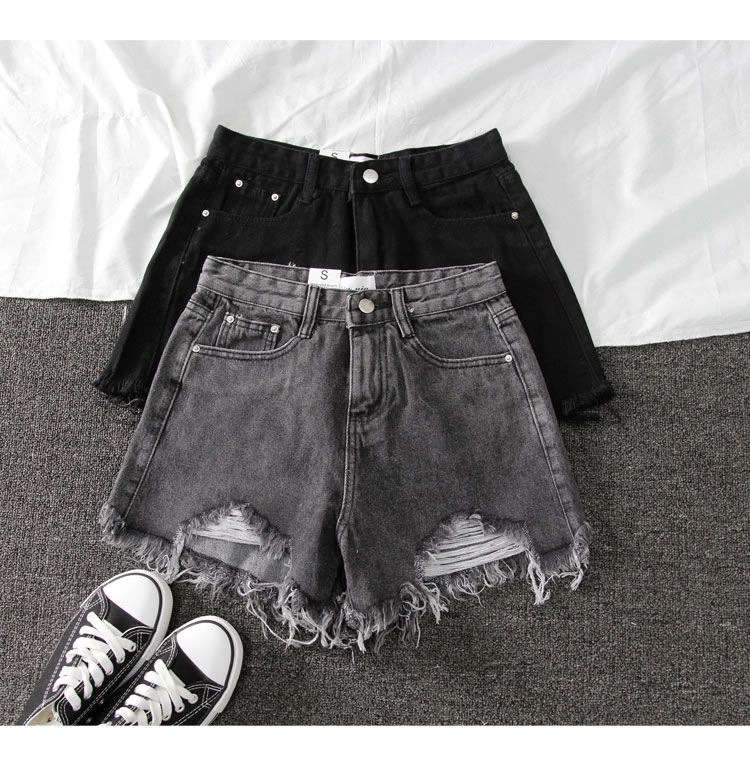 Summer Shorts Denim Wide-leg Ripped Pants  Irregular Frayed Trousers