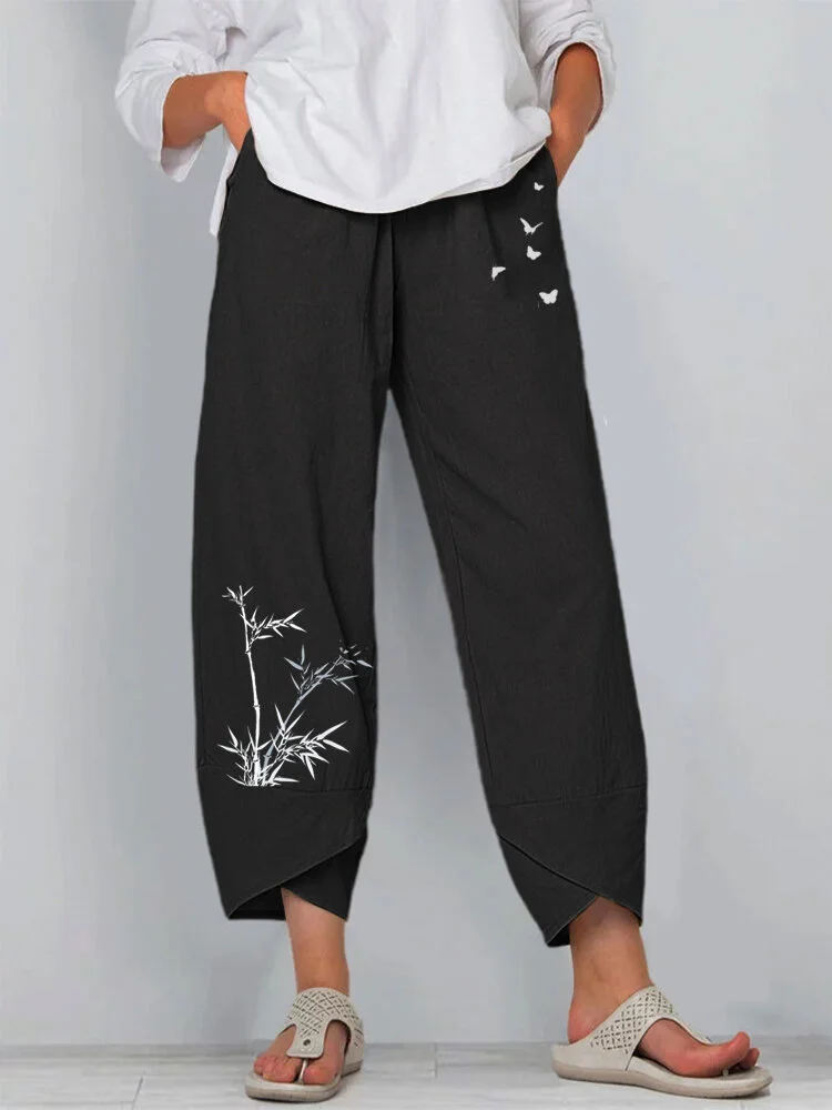 Women's Elastic Waist Pants With Bamboo Butterfly Pattern