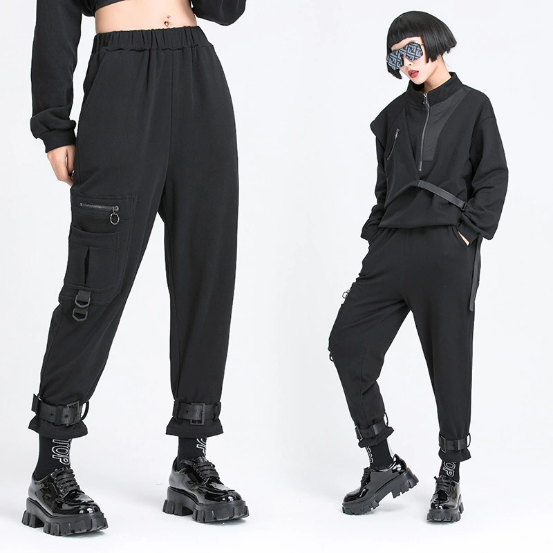 New Personality Casual Pants Street Trend Dark Black Cropped Trousers Female Harlan Overalls