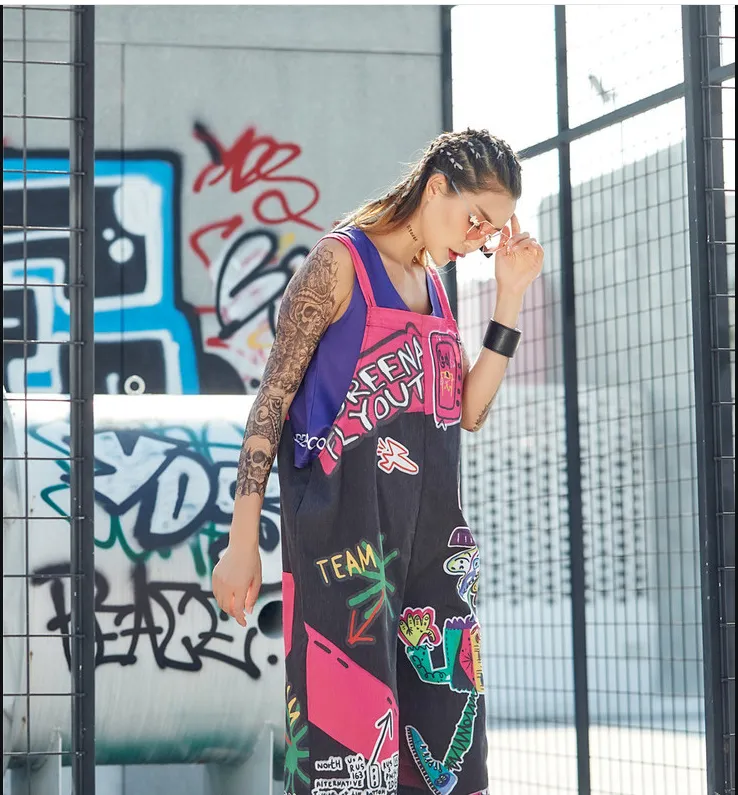 Suspender Overalls Hip-Hop Graffiti Women'S Pants