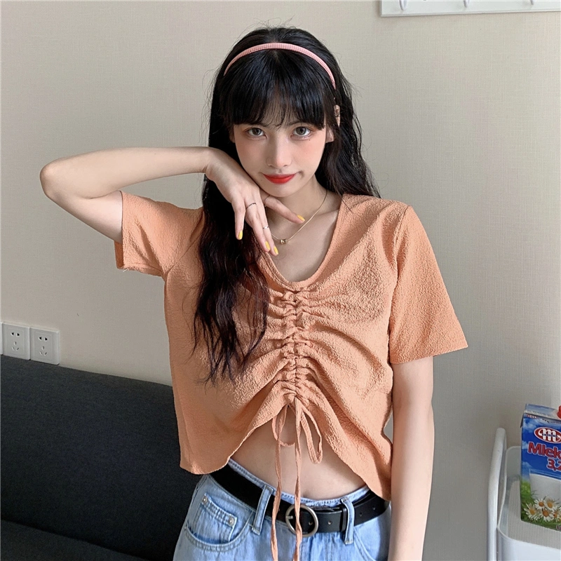 Taro Purple Short-Sleeved Shirt Women'S Summer New V-Neck, Careful Machine, Net Red Drawstring, Short Navel