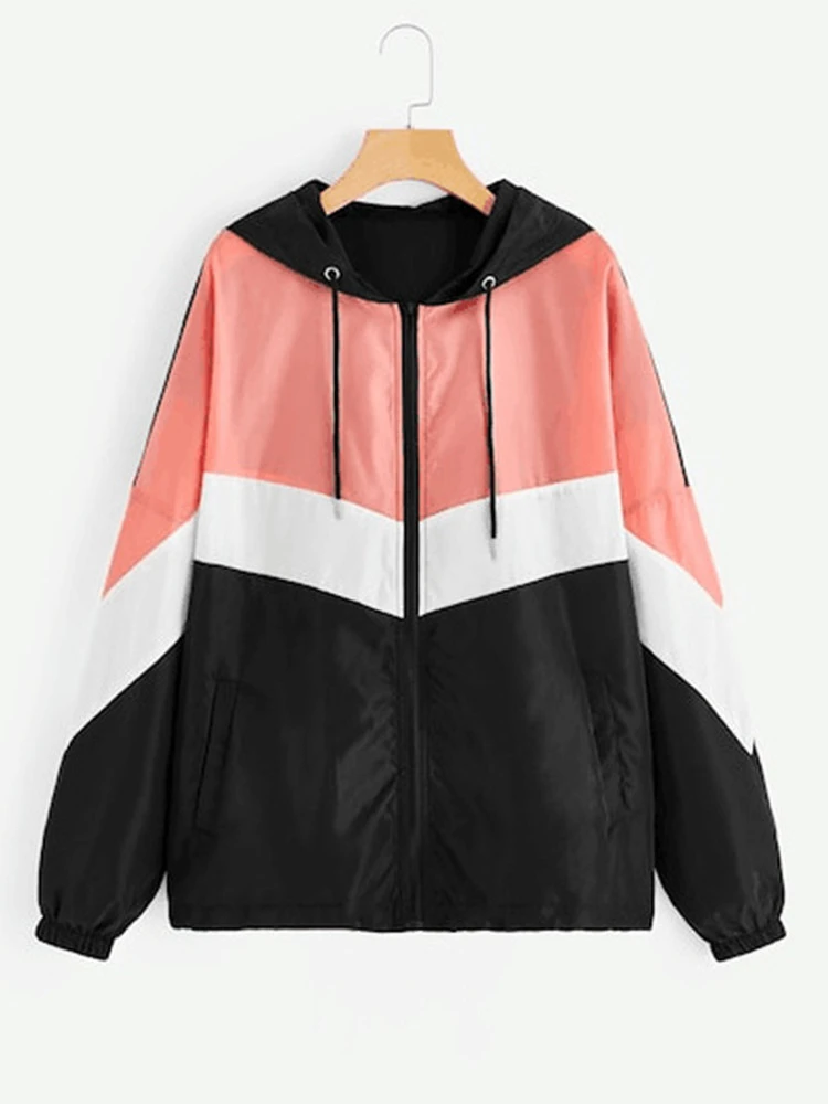Women's Patchwork Hooded Coat With Elastic Belted Waist