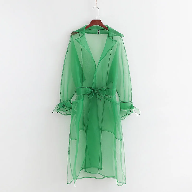 Spring New European And American Mesh Transparent Lace Up Waist Length Sunscreen Windbreaker Women'S Fashion