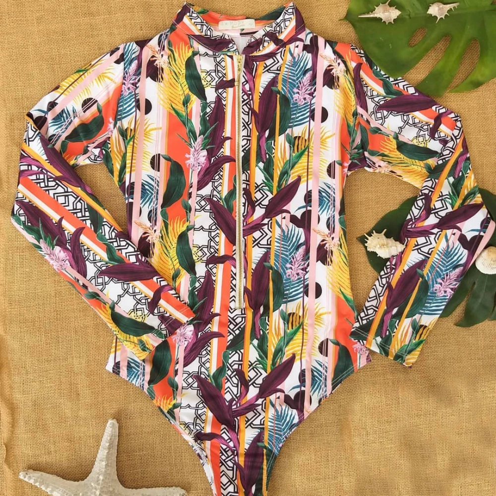 Flower Print Swimsuit Female One-Piece Bikini  Long-Sleeved Swimsuit