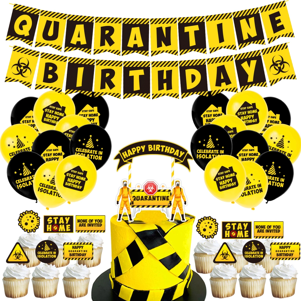 Quarantine Party Decorations Theme Epidemic Pull Flag Birthday Cake Insert Card Virus Balloon Set Isolation Party