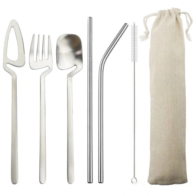 Cross-Border Western-Style 7-Piece Portable Cutlery Set Hanging Cup Cutlery Set Stainless Steel Travel Camping Cutlery