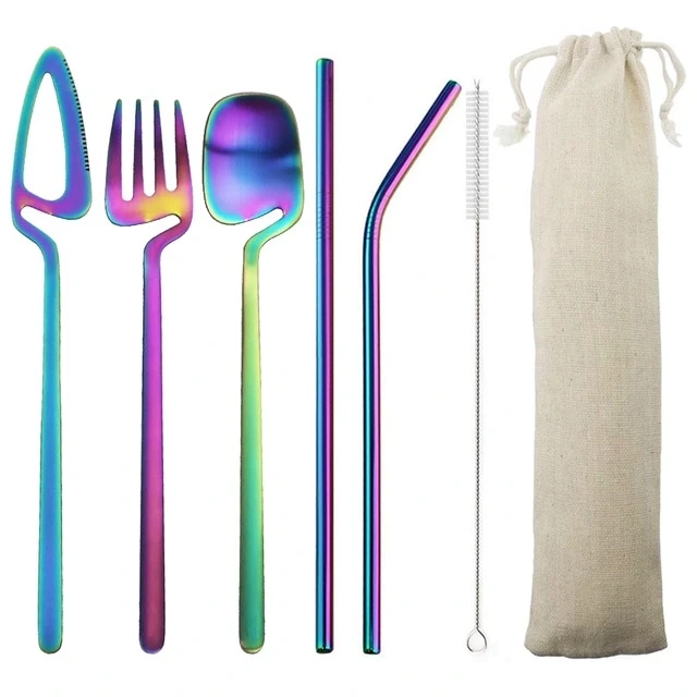 Cross-Border Western-Style 7-Piece Portable Cutlery Set Hanging Cup Cutlery Set Stainless Steel Travel Camping Cutlery