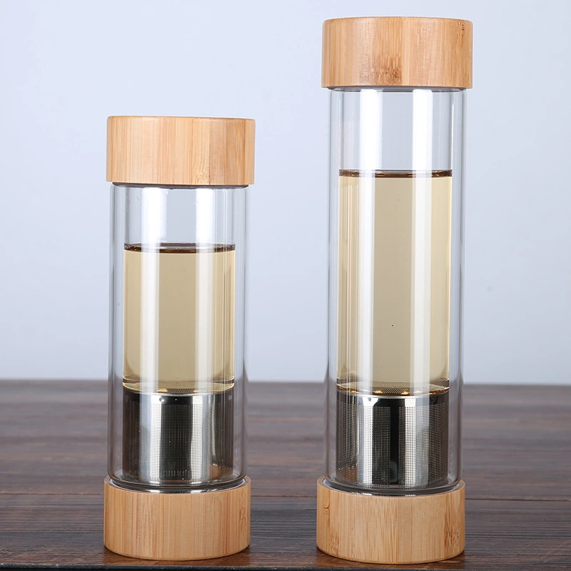 Double Mouth Bamboo Lid New Gift Water Cup 400ML Creative Cup Transparent Glass Customized Advertising Logo Wholesale