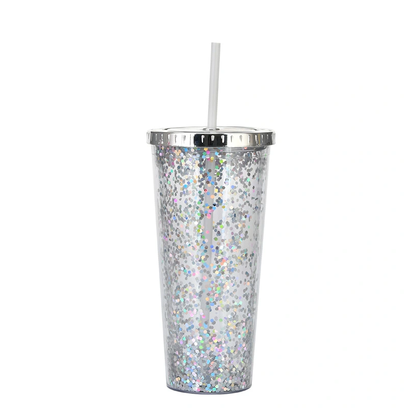 Creative Color Sequins Cup Straw Cold Cup with Lids and Straws Mug Plastic Straight Cup