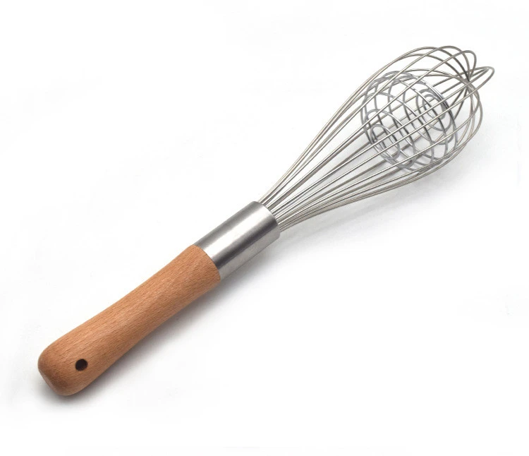 Kitchen Tool 11 Inch Wooden Handle Whisk Manual Stainless Steel Milk Frother Baking Hand Mixer