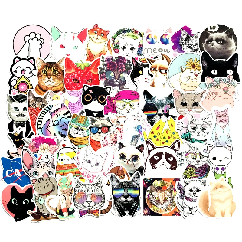 50 Pcs Cute Colorful Cartoon Cat Stickers Lovely Decals Animal Stickers 