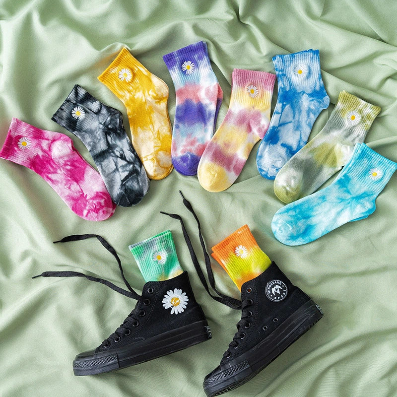 Tie-Dye Embroidery Small Daisy Women'S Socks In Tube Cotton Socks Socks Thin Ins Street Tide Skateboard Socks