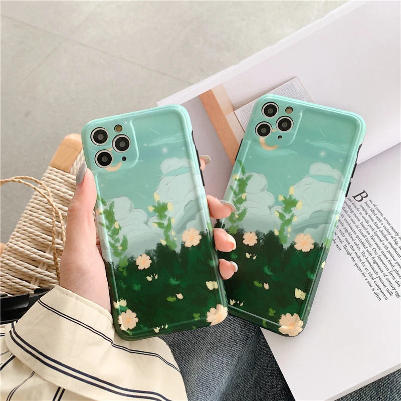 Compatible with Apple, Compatible with Apple , Forest Flowers Retro Design Phone Case For iPhone Cute Oil Painting Silicone Case For iPhone 11 Pro Max XR Xs Max X 7 8 7 Plus