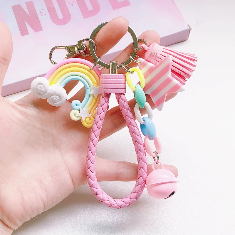 Korean Version Of Cute Girl Heart Creative Soft Pottery Rainbow Keychain Female Student Schoolbag Lollipop Pendant Key Accessories