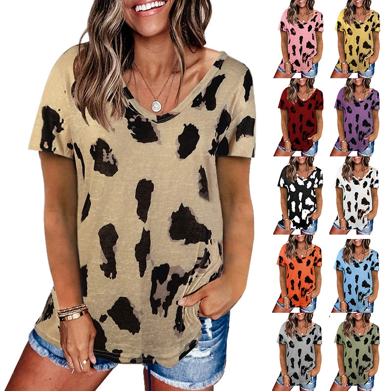  Spring And Summer New Hot Style Womens Leopard Print Plus Size Loose Casual T-Shirt