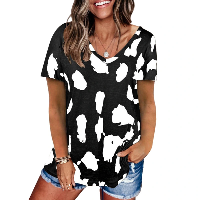  Spring And Summer New Hot Style Womens Leopard Print Plus Size Loose Casual T-Shirt