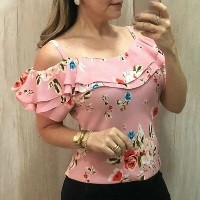 Off-the-shoulder Top Floral Shirt Spaghetti Belt Top Ladies Slim Fit Shirt