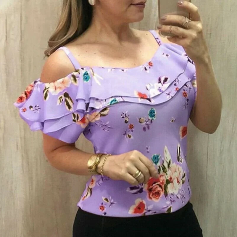 Off-the-shoulder Top Floral Shirt Spaghetti Belt Top Ladies Slim Fit Shirt
