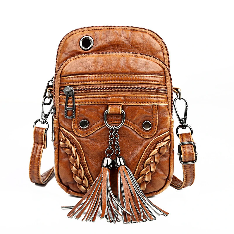 All-match Washable Leather Small Square Bag Fashion Tassel Mobile Phone Coin Bag