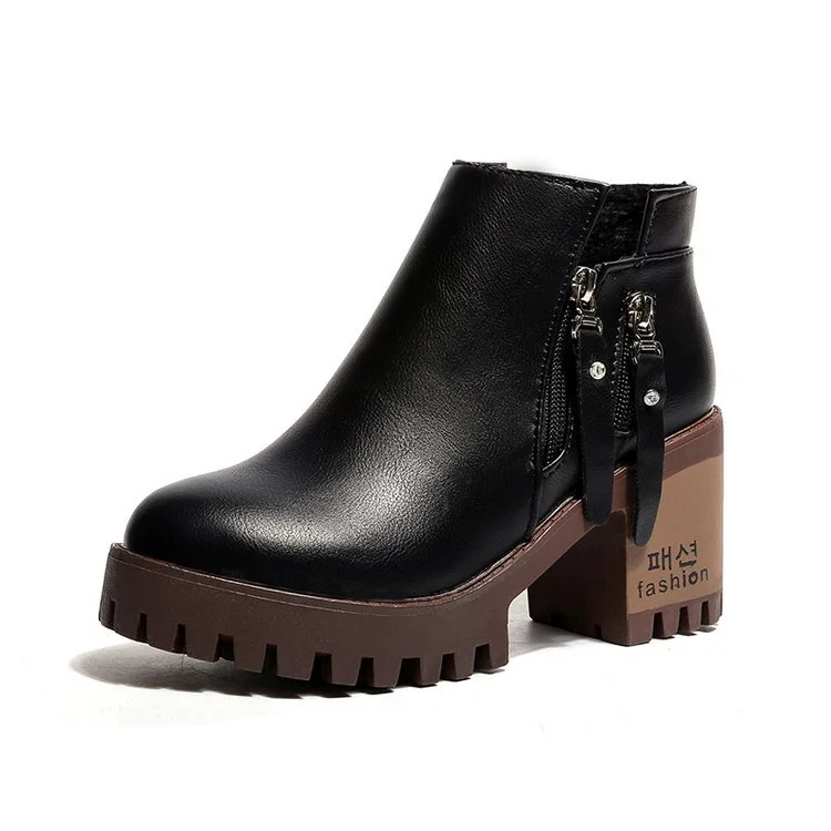 Chunky Heel Short Boots Female Side Zipper High Heel Martin Boots Round Toe Women'S Boots