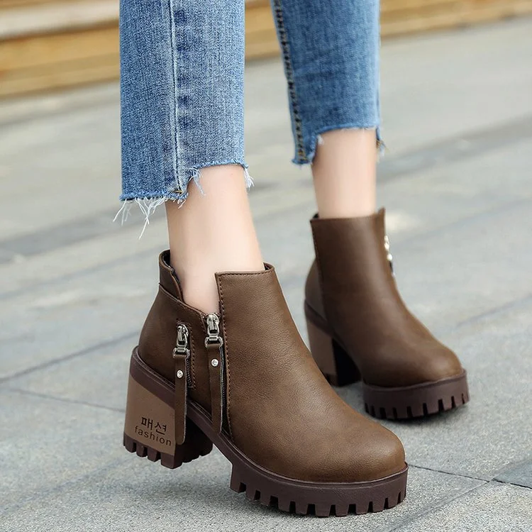 Chunky Heel Short Boots Female Side Zipper High Heel Martin Boots Round Toe Women'S Boots