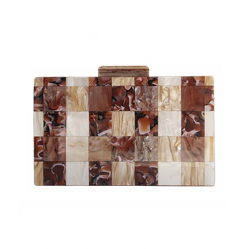 One-Shoulder Diagonal Bag Brown Multicolored Stitching Acrylic Bag Fashion All-Match Wedding Dinner Clutch