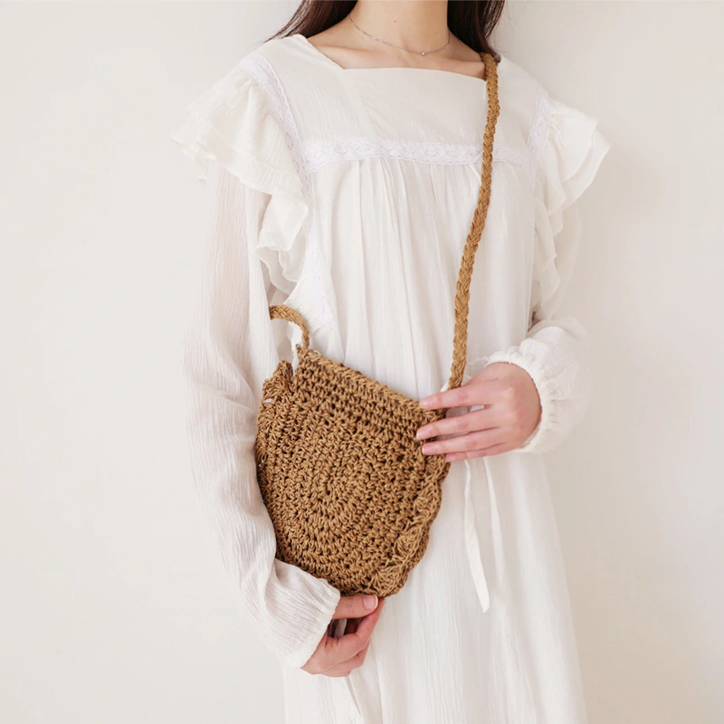 Elegant Retro Wood Ear Lace Straw Bag Leisure Woven Bag One Shoulder Cross Over Beach Bag Holiday Women''S Bag