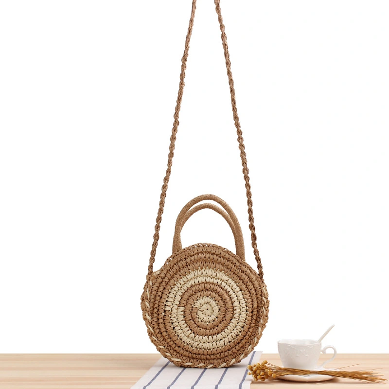 Round Striped Portable Messenger Dual-use Casual Straw Woven Bag