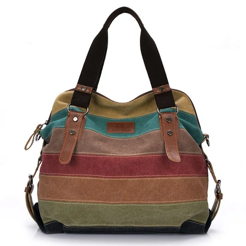 New Canvas Bag Europe and America Rainbow Stripe Canvas Bag Fashion Splicing Women's Washing Bag Canvas Bag Shoulder Bag