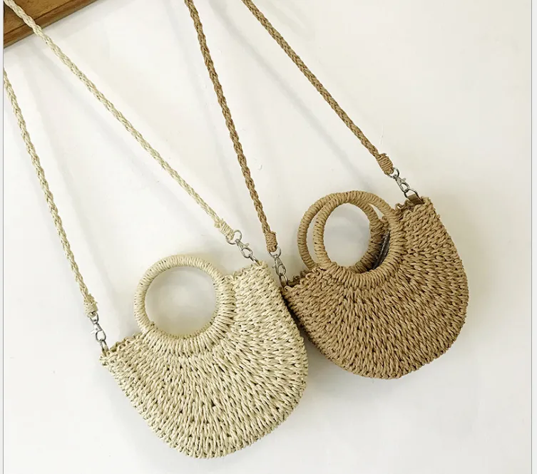 New Style Paper Rope Fashion All-Match Portable Messenger Small Round Bucket Hand-Woven Bag Straw Bag Female