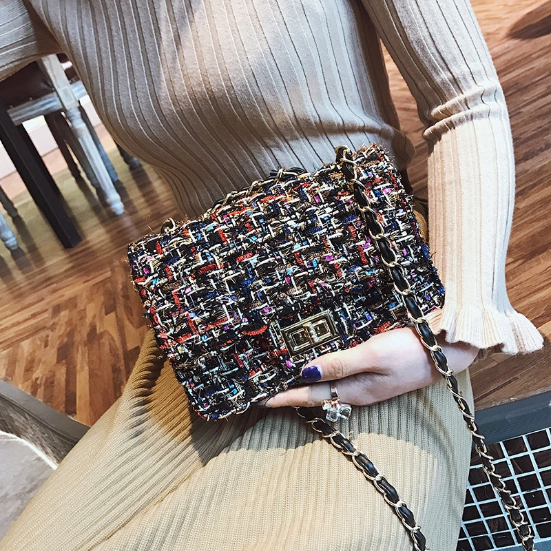 Autumn And Winter New Women'S Bag Lattice Bag Woolen Cloth Small Fragrant Wind Rhombic Chain Bag Woven One Shoulder Messenger Bag